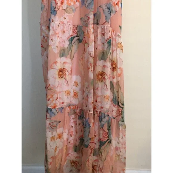 Elena Baldi Maxi Dress Blush Silk Blend Summer Floral Brunch Braided Straps XL - Picture 4 of 13